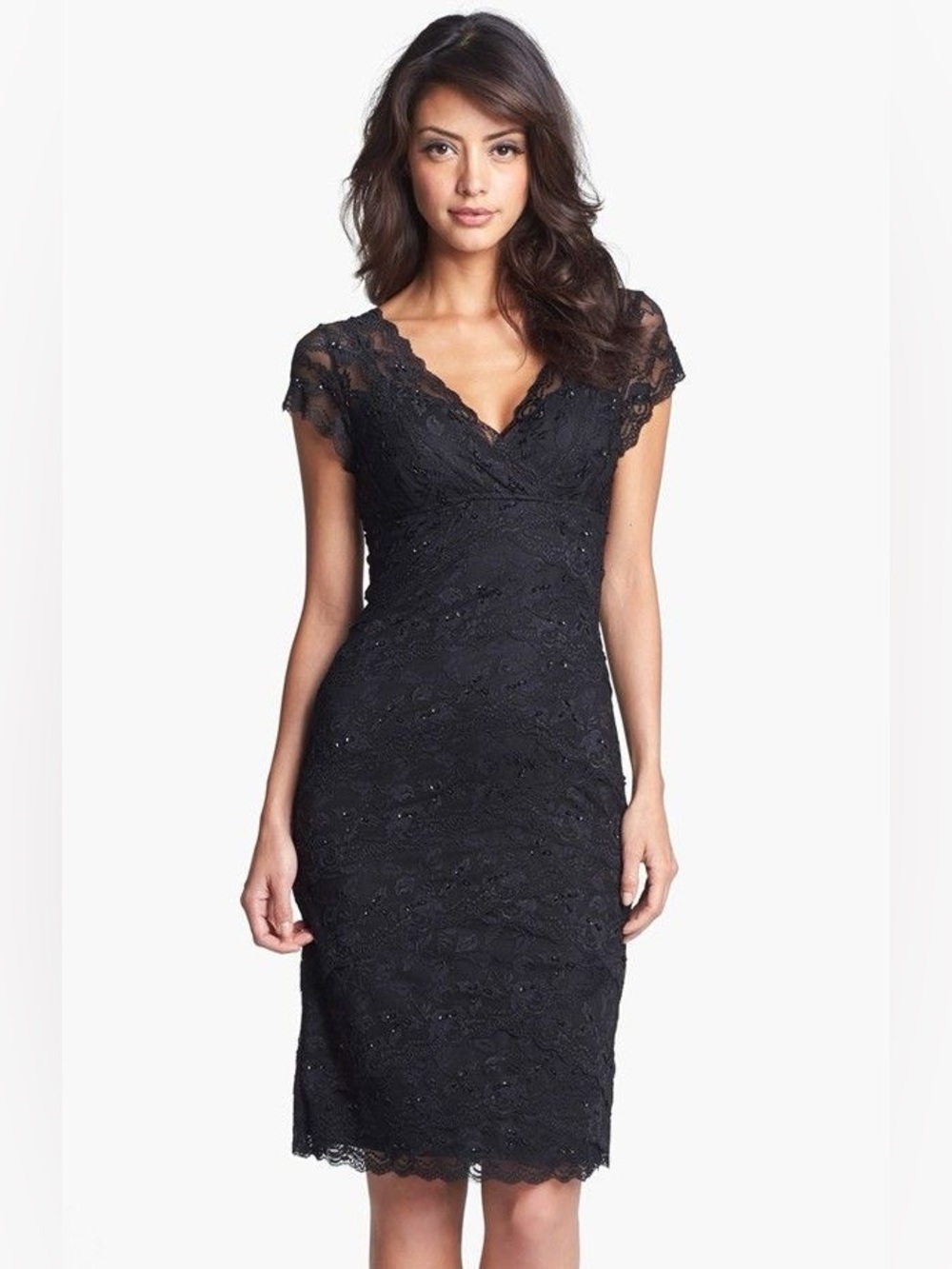MARINA TIERED LACE DOUBLE V NCKE PETITE COCKTAIL EVENING EVENT DRESS SZ 10P